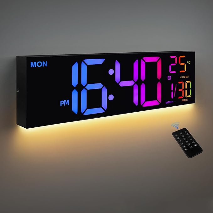8 Colors Digital Wall Clock, 16.2" Large Digital Clock with Temperature, Date, Auto DST, Night Light, Auto Brightness Dimmer, 24/12-hour Wall Clock for Living Room Office Classroom Gym