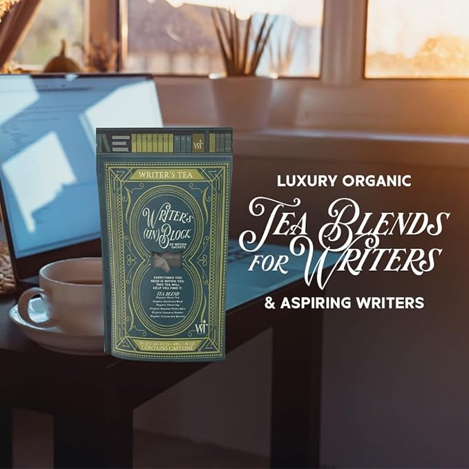 Writer's Tea Writer's (Un) Block - Focus Tea - Black Tea, Eleuthero Root, Flavoring, Roasted Yerba Mate, Guarana Powder, and Schisandra Tea Blend - Contains Caffeine - 20 Woven Sachets
