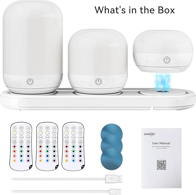 SUNMORY Rechargeable Night Light, Small Table Lamp for Bedroom, Dimmable Bedside Lamp with Magnetic Charging Station, Cordless Nightstand Lamp, LED Lights with 12 RGB Colors, Timer & Remote Control