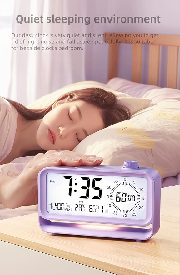 Digital Alarm Clock Night Light Visual Timer, LCD Time Reminder with 3 Alarms, Snooze,Temperature Display, Ideal for Family Education Teaching and Time Management Gifts for Kids (Pink)