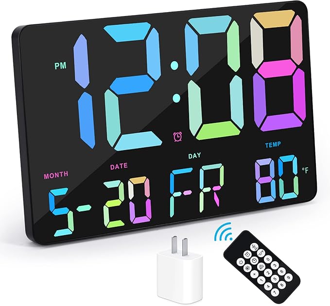 Amgico Digital Alarm Clock with Snooze, Temperature, Auto Dimming, 11.5" Large Display Calendar, Desk/Wall Clock for Bedroom, Living Room, Office, Home, Classroom, Kids, Elderly - Rainbow