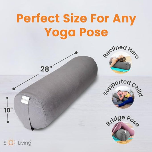Sol Living Yoga Bolster Pillow for Restorative Meditation - 100% Cotton Cylindrical Cushion with Washable Cover for Balance Support in Asana Poses