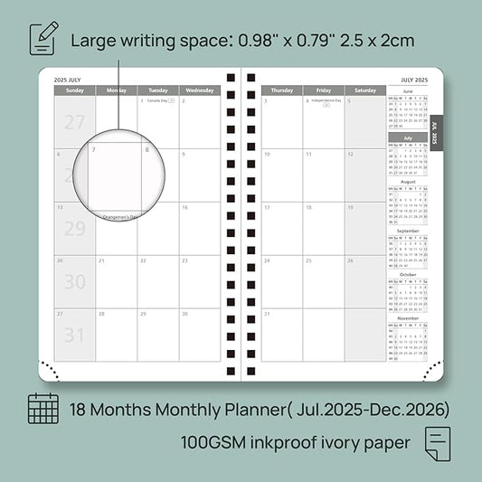 POPRUN Monthly Planner 2025-2026 Pocket Size (4" x 6.25") 18 Months Calendar (Jul 2025 - Dec 2026) - 4 Pages per Month with Monthly Expense & Notes, Sunday Start, Leather Cover - Blue Green