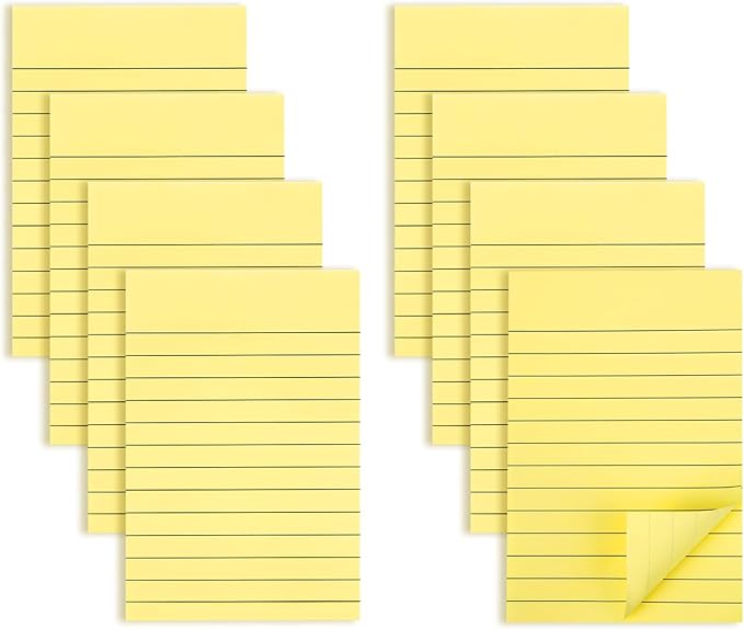 (8 Pads) Agoer Lined Sticky Notes 4x6 in, Light Yellow Self-Stick Notes Pad with Blue Lines, Ruled Sticky Notes for Office, School, Home, 50 Sheets/Pad, 80gsm Paper, Strong Adhesive Memo Pads