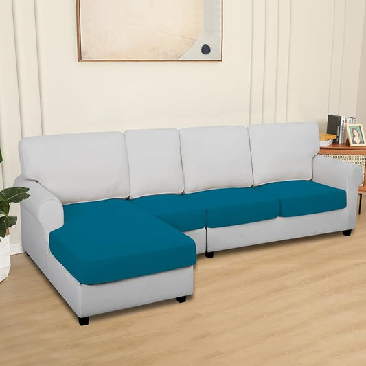 Easy-Going 100% Waterproof 4 Pieces Couch Cushion Covers for Sectional Sofa Left/Right L Shape Chaise Lounge Sofa Seat slipcover Anti-Slip Sofa Cover (3 Seater + 1 Chaise, Peacock Blue