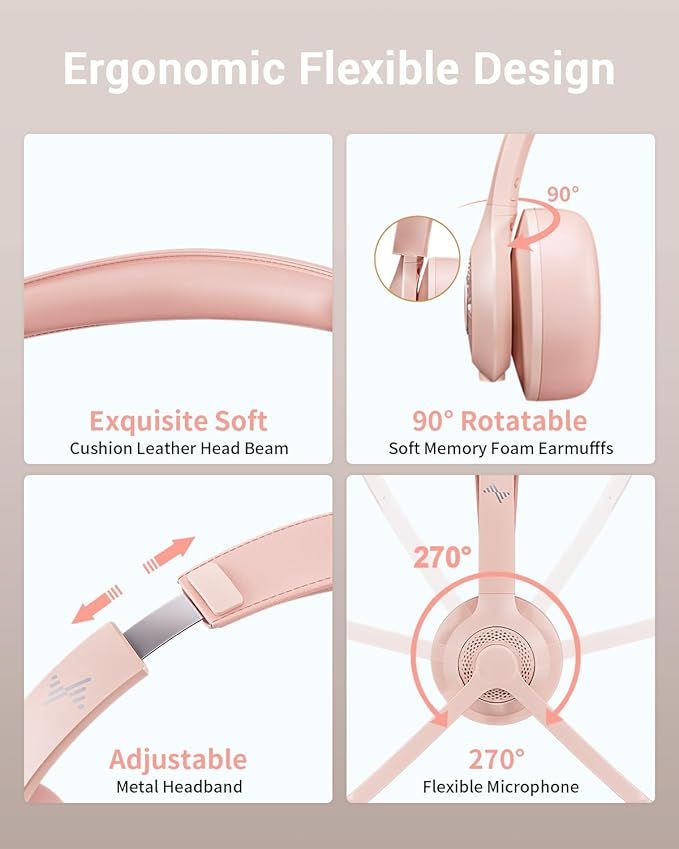 Wireless Headset with AI Noise Cancelling Microphone Bluetooth Headset - Bluetooth V5.2 Headphones with USB Dongle & Mic Mute for Computer/Laptop/PC/iPhone/Android/Cell Phones (Pink)