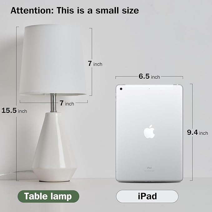 Small Bedside Table Lamp for Bedroom - Reading Desk Lamp with 3 Color Temperatures,15.5" Nightstand Ceramic Lamp with Fabric Shade for Kids Room,Living Room,Dorm,Home Office (White)