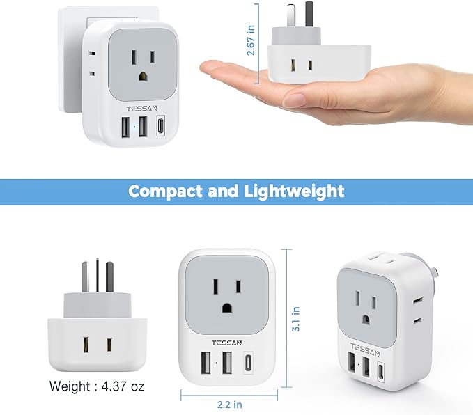 Australia New Zealand Power Adapter, TESSAN Type I Travel Adaptor with 4 American Outlets 3 USB Charger (1 USB C Port), Plug for US to Australian China Argentina Fiji Cook Islands AU