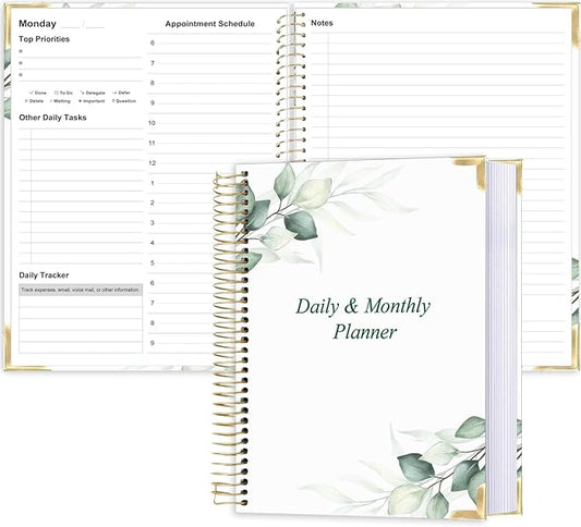 Undated Daily Monthly Planner for 2025 2026 - A4 To Do List with Hourly Schedule, Hardcover Spiral Bound Daily Planner to Increase Focus, Stylish School/Office Supplies, 8.5" x 11", Green Leaf