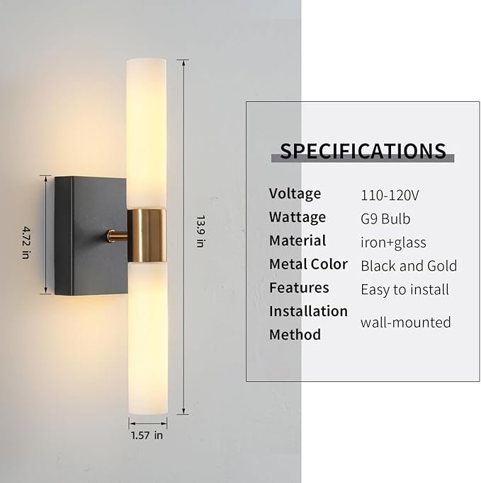 Wall Sconces Set of Two Black and Brass Gold Wall Lights with White Frosted Glass Shade Modern Wall Lamp for Bathroom Living Room Indoor Vanity Up and Down Sconces Wall Lighting for Hallway