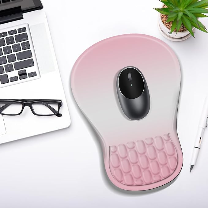 Ergonomic Mouse Pad with Wrist Rest Support, Mousepad with Comfortable Memory Foam Wrist Rest and Non-Slip PU Base for Pain Relief, Computer, Laptop, Office, Home (Gradient Pink)