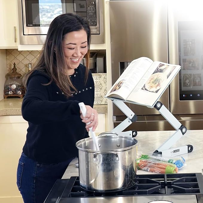 Uncaged Ergonomics Adjustable Book Holder, Tablet & Laptop Stand, Aluminum Portable Reading Stand for Textbooks & Cookbooks, Recipe Holder for Kitchen Counter, Silver