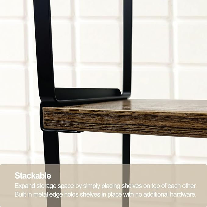 Mitus Shelf Organizer and Storage, Tiered Wood Cabinet Rack for The Kitchen Counter, Bathroom Counter, Pantry Cupboard, Office Desk Bookshelf, 12" Wide Walnut Brown and Black