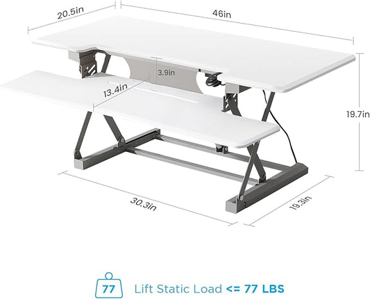 46" Electric Standing Desk Converter, Dyropcurv Series Height Adjustable Computer Desk Ergonomic Home Office Desk for Adults, Sit to Stand Desk with Quiet Motor, White