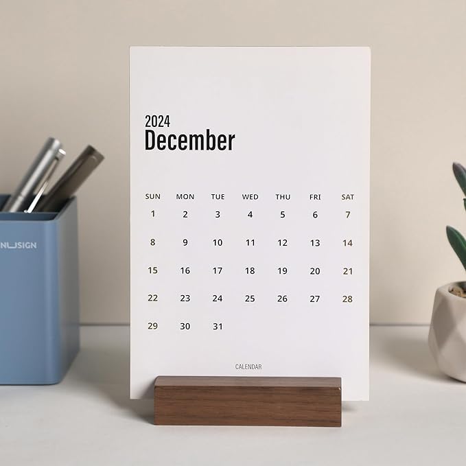 UNIQOOO 3.5" Walnut Wood Stand for Monthly Desk Calendar, Wooden Block Base, Cardstock Holder, For Office Home Retail Reception Decor, Photo Display, 2 Pack