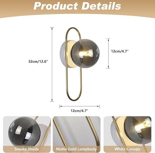 Modern Farmhouse Sconces Wall Lighting Brushed Gold Globe Wall Sconce Smoked Glass Bathroom Vanity Light Brass Sconces Hard Wired