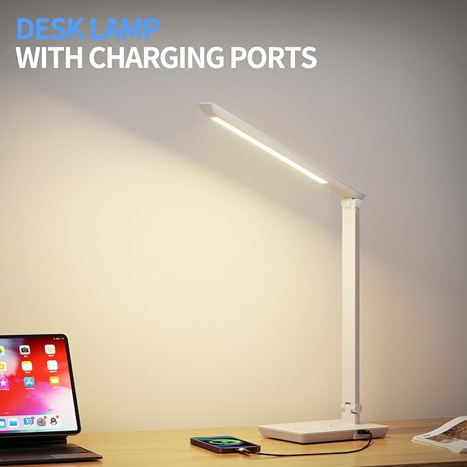 LED Desk Lamp with USB Charging Port, 14W 900LM Dimmable Eye-Caring Reading Desk Light for Stepless Dimming & 5 Lighting Modes, 9 Brightness Touch Control Desk Light for Reading, Office, Crafting