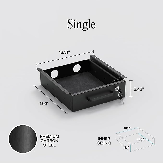 Under Desk Drawer Slide-Out – Lockable Metal Storage Drawer with Cable Management for Office & Home (Single, Non-Bracketed)