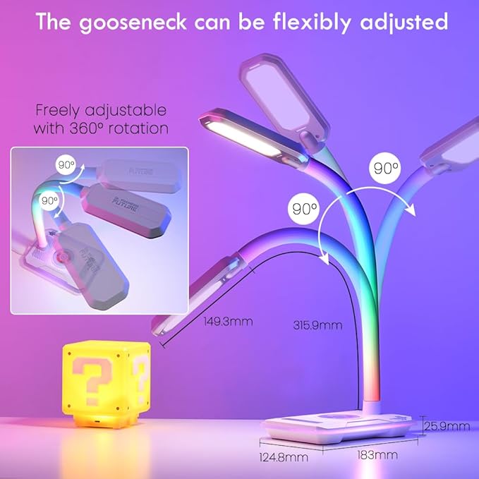 RGB Gaming Desk Lamp with Music Sync,Dimmable LED Lamp with Wireless Charging Station,USB Charging Port,Color Changing Touch Control Light for Gamer Room Decor,Reading,Office,Gift Ideas