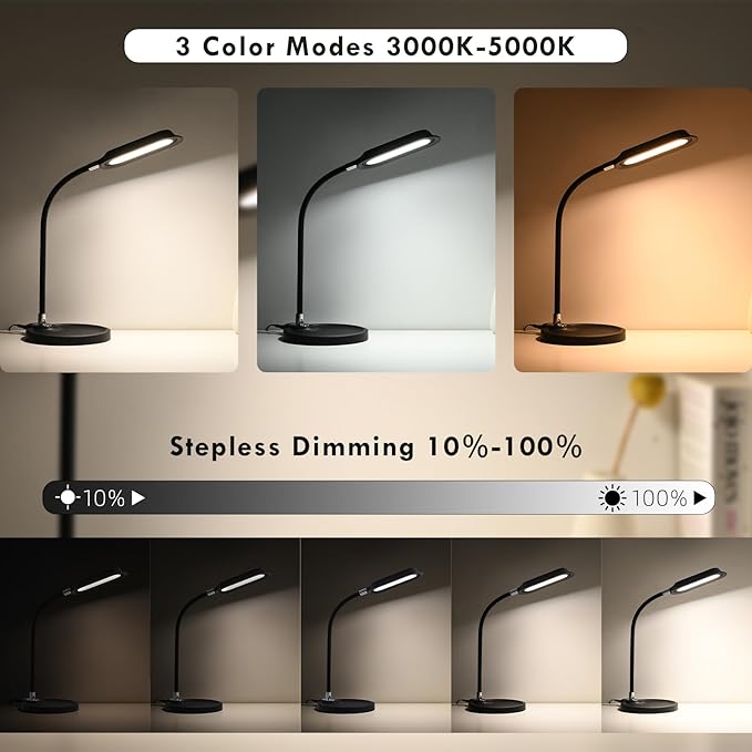 WILIT LED Desk Lamp, 800LM Bright Dimmable Table Lamp with 3 Color Modes, Bedside Lamp with Storage Base, Study Lamp with Adjustable Gooseneck, Reading Lamps for Home Office Dorm (Black)