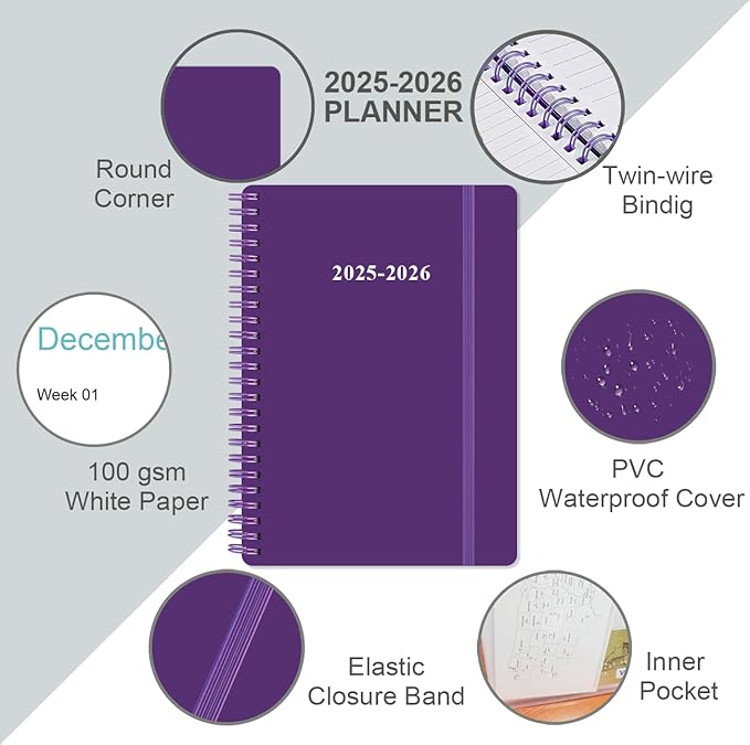 2025-2026 Planner - 18 Months Weekly & Monthly Planner from July 2025 - December 2026, Spiral Planner 2025-2026 with Elastic Closure, Inner Pocket, Medium 5.8" x 8.3", Purple