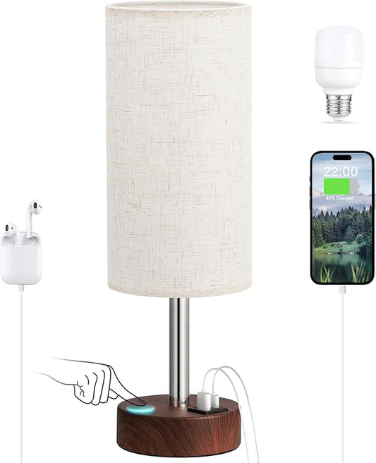 Touch Bedside Table Lamp with USB - 3 Way Dimmable Redwood Lamps for Bedroom Nightstand, Desk Lamp with Charging Station for Dorm, Living Room, Office, Kids Room, Nursery