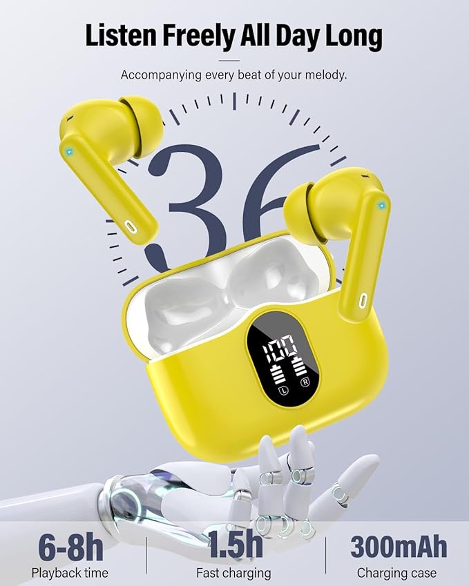 Wireless Earbuds, Bluetooth 5.4 Headphones Bass Stereo, Ear Buds with Noise Cancelling Mic, IP7 Waterproof in Ear Earphones, 36H LED Display Bluetooth Earbuds for Laptop Pad Phones Sports, Yellow