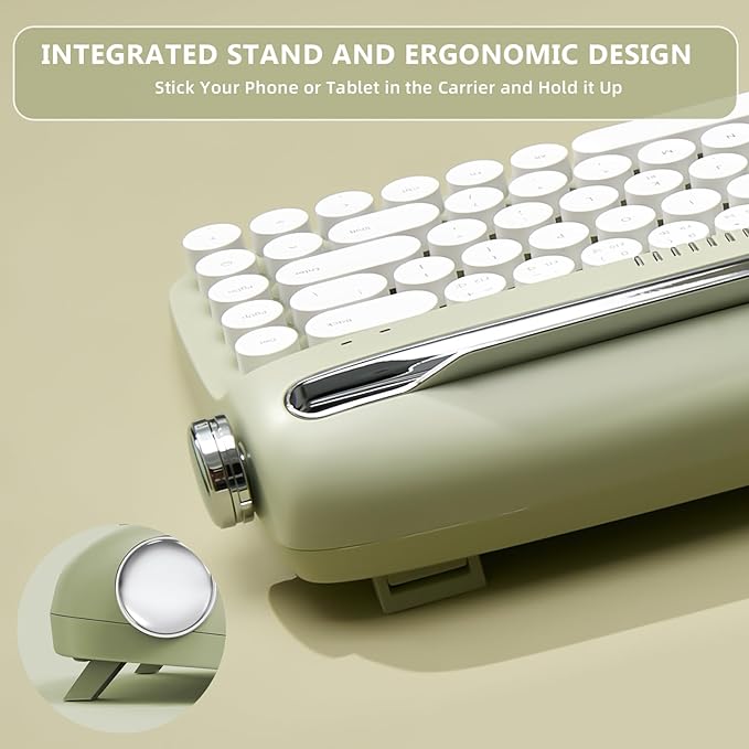 YUNZII Upgraded Wireless Typewriter Keyboard, Retro Aesthetic with Integrated Stand,Cute Round Keycaps, USB-C/Bluetooth Connection for Table, Phone, PC and Win/Mac/Android (B307, Sweet Mint)