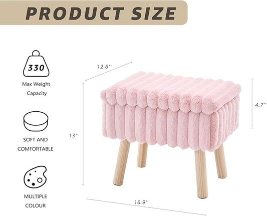 Wimarsbon Storage Ottoman,Soft Faux Fur Footstool with Padded Seat, Small Reading Vanity Chair, Footrest with Wood Tray for Couch, Mini Coffee Table or Display Stand (Pink, Rectangular Storage)