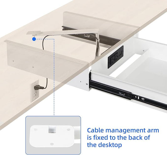 Lumil Under Desk Mounted Drawer Lockable with 3 Prong Extension Cord 10 FT with Multiple Outlets and Foldable Cable Management Arm for Office Desk 15.7" (W) x 15.7" (D) x 4.4" (H), White