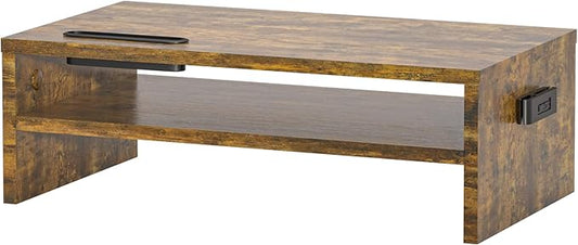 BONTEC Wooden Monitor Stand Riser, 2-Tier Desk Shelf with Storage Organizer, Ergonomic Computer Stand with Cable Management, Cellphone Holder, Vintage Brown, 16.5 Inch