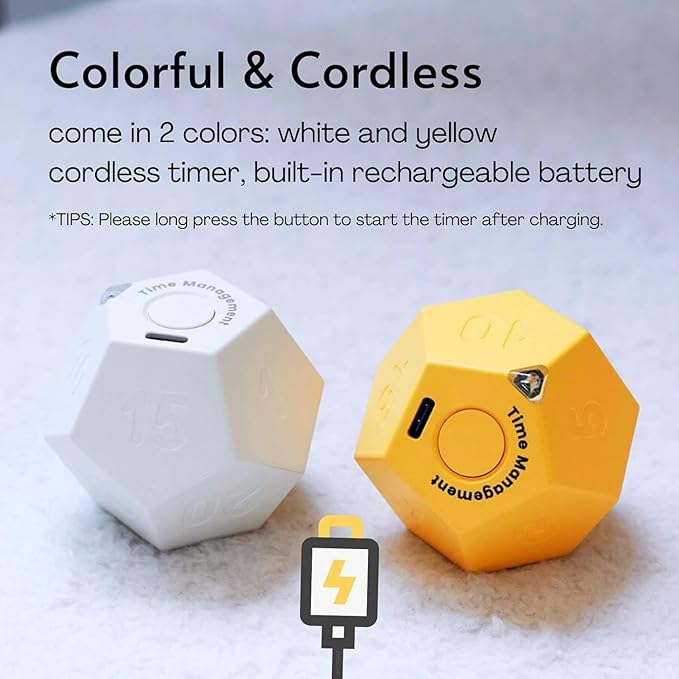 Mini 12 Sided Cube Timer, 11 Preset Times Pomodoro Timer for Enhanced Productivity. Ideal for ADHD Management, Workout, Study & Kitchen Cooking. Easy to Use(White)
