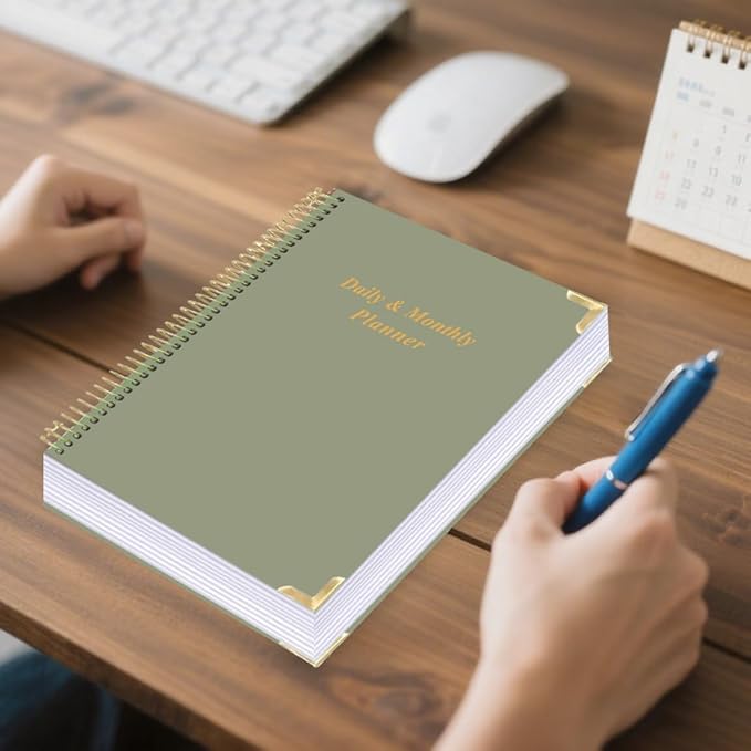 Undated Daily Monthly Planner for 2025 2026 - A4 To Do List with Hourly Schedule, Hardcover Spiral Bound Daily Planner to Increase Focus, Stylish School/Office Supplies, 8.5" x 11", Green
