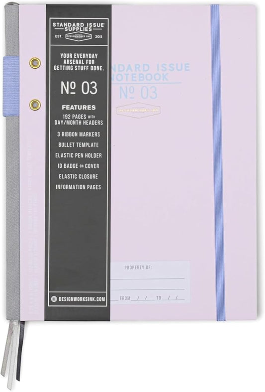 DesignWorks Ink Standard Issue Notebook No. 3 – 6.75" x 8.5" Undated Daily Planner & Writing Journal, 192 Lined Pages, Pen Holder, Small Notebook for Work & Journaling - Lavender & Periwinkle