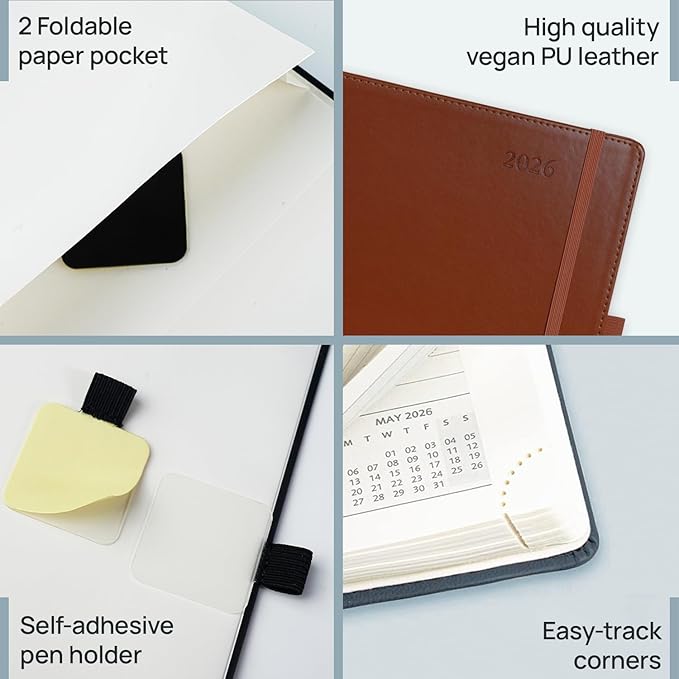 POPRUN 2026 Weekly Planner (Medium 7'' x 8.5''), 30-Minute Hourly Appointment Book (Jan 2026-Dec 2026) with Monthly Tabs, Inner Pockets, Pen Holder, PU Leather Softcover, 100GSM - Black