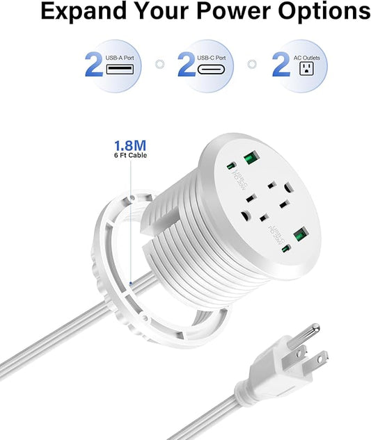 Desktop Power Grommet,40W Fast Charging Station,2 AC Outlets,4 USB Ports,Flush Mount Power Grommet 3-inch Hole,2 PD 20W USB C Ports