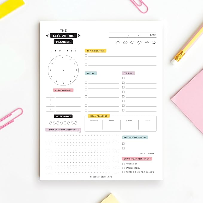 ThreeKin Let's Do This Daily Planner - 8.5"x11", 50 Tear-Off Sheets, Motivational Design, Goal Setting, Time Management, To-Do Lists, Productivity Organizer, Perfect for Home, Office, Students, Work
