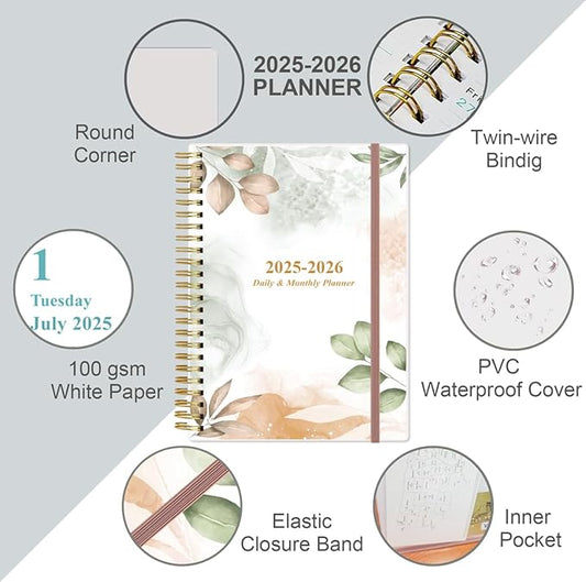 2025-2026 Daily & Monthly Planner - One Page Per Day, Daily Planner 2025-2026 from July 2025 to June 2026, Planner 25-26 with 12 Monthly Tabs, 6.4" x 8.5", Rose Leaf
