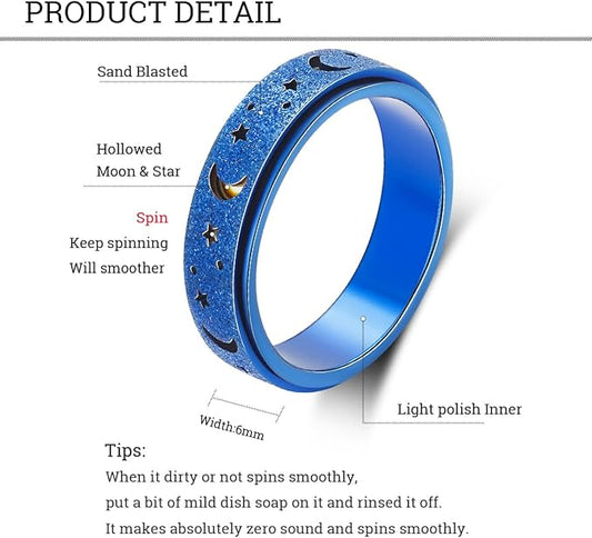 Anxiety Ring for Women Spinner Ring Fidget Toys Adults Fidget Ring Spinner Thumb Rings for Anxiety for Women Anti Anxiety Fidget Ring Men Moon StarBlue 7