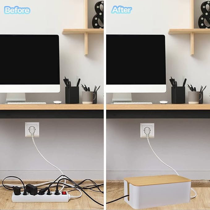 Cable Management Box Organizer, Set of 2 Bamboo Lid Large Storage Wire Holder to Conceal Hide Surge Protector, Power Strips Cord on Desk Floor, with 5 Cables Tape for Home Office Computer TV USB Hub