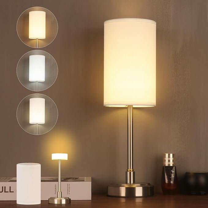 Small Cordless Touch Lamps for Nightstand Lamp Battery Operated Rechargeable Lamp, Portable 3 Colors Stepless Dimmable Fabric Shade Night Light for Restaurant/Bedroom/Outdoor (White+Nickel)