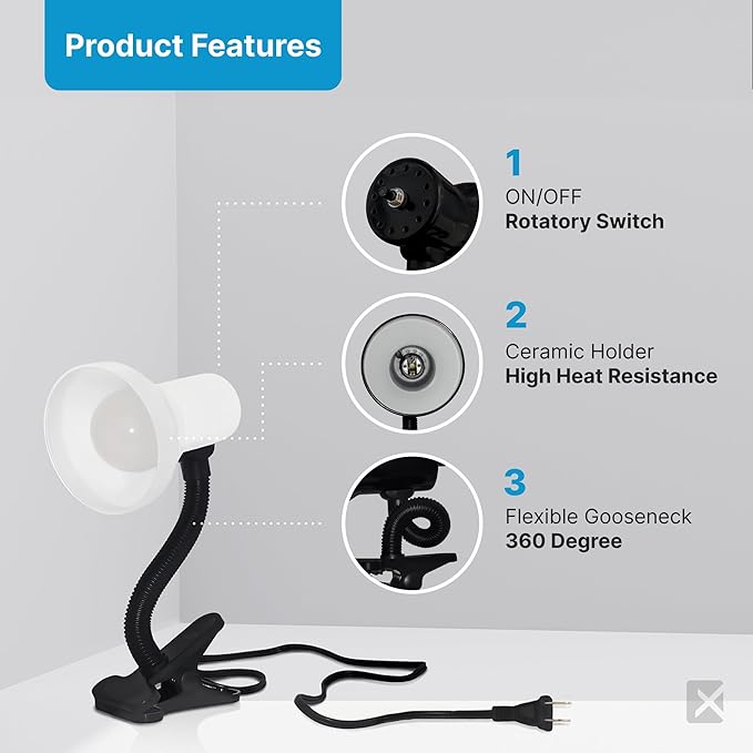 Xtricity LED Clip on Desk Lamp with 360° Flexible Gooseneck, Reading Light for Bed Headboard– 6W A19 Bulb Included, 120V, On/Off Switch, 10.25” Height Table Lamp with White Finish (2 Pack)