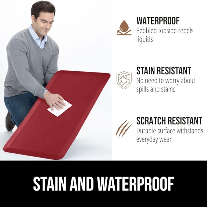 GORILLA GRIP Comfortable Cushioned Kitchen Mats for Floor, 48x20, Waterproof and Stain Resistant Soft Top, 3/4 Inch Thick Ergonomic Standing Desk Anti Fatigue Mat, Foam Supports Ankles and Feet, Red