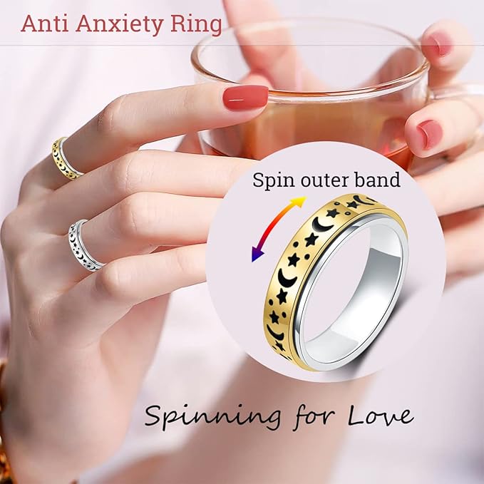 OreilleStar Anxiety Ring for Women Fidget Ring Stainless Steel Fidget Toys Adults Spinner Thumb Rings 2pcs Set Silver Gold Moon Star Fidgit Ring