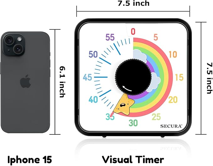 Secura 60-Minute Visual Timer, 7.5 Inch Magnetic Rainbow Countdown Timer for Classroom or Kitchen, Durable Mechanical Timer Clock with Magnetic Backing (Black & Star)