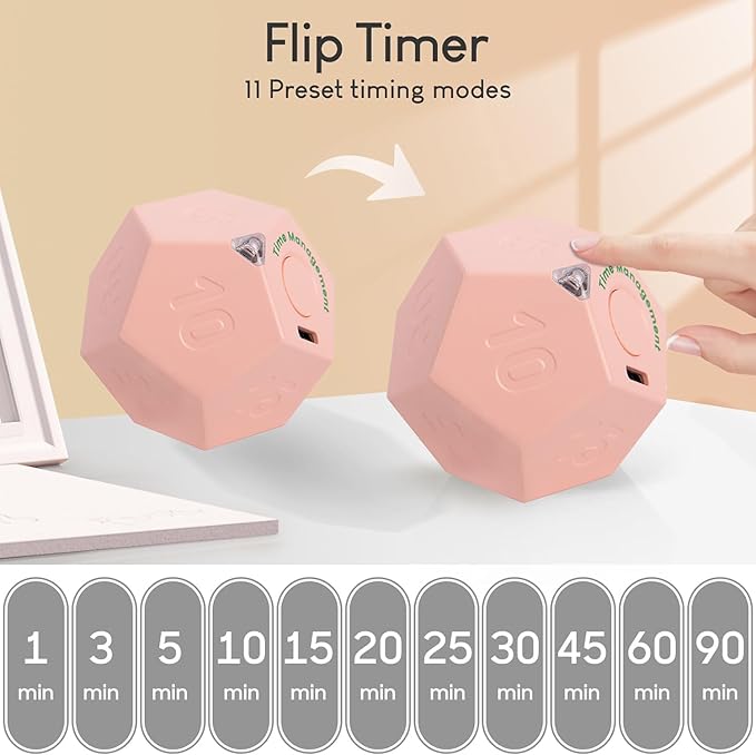 Mini 12 Sided Cube Timer, 11 Preset Times Pomodoro Timer for Enhanced Productivity. Ideal for ADHD Management, Workout, Study & Kitchen Cooking. Easy to Use (Pink)