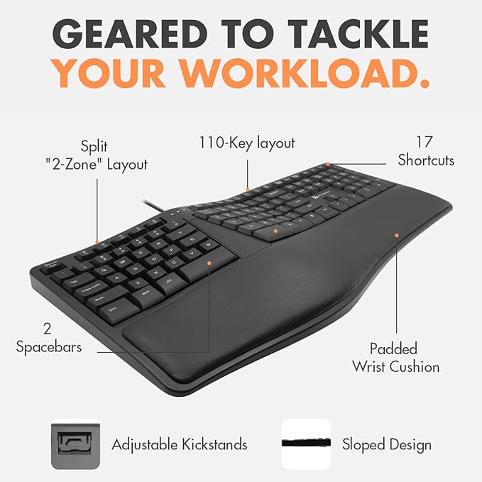 X9 Wired Ergonomic Keyboard with Cushioned Wrist Rest - Type Comfortably Longer - USB Wired Split Keyboard for Laptop, PC & Chrome Computer with 110 Ergo Keys & 5ft Cable