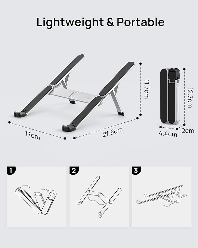 【Innovative & Ultra Compact】SODI Foldable Laptop Stand for Desk, Lightweight Portable Tablet Holder for Business Travel, Cafe, 6 Level Height Adjust Computer Holder for MacBook, Tablet 10-16", Silver
