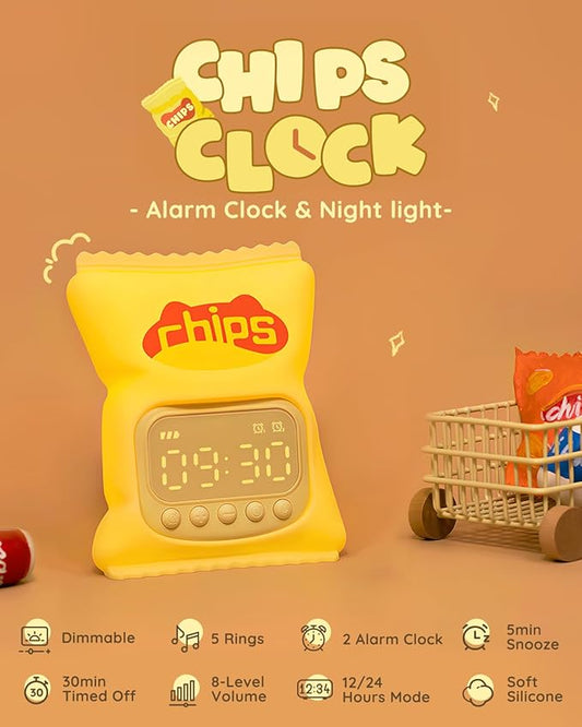 Chips Alarm Clock with Night Light for Kids, Cute Toddler Alarm Clocks for Bedrooms Ok to Wake Clocks for Girls and Boys, Rechargeable Silicone Animal Tabletop Lamp for Kid