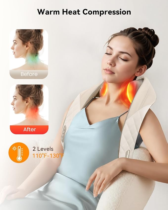 Snailax Cordless Neck Massager with Heat, Kneading Neck and Shoulder Massager Deep Tissue, Shiatsu Back Pillow, 2 Heating Levels,Gifts for Mom Dad